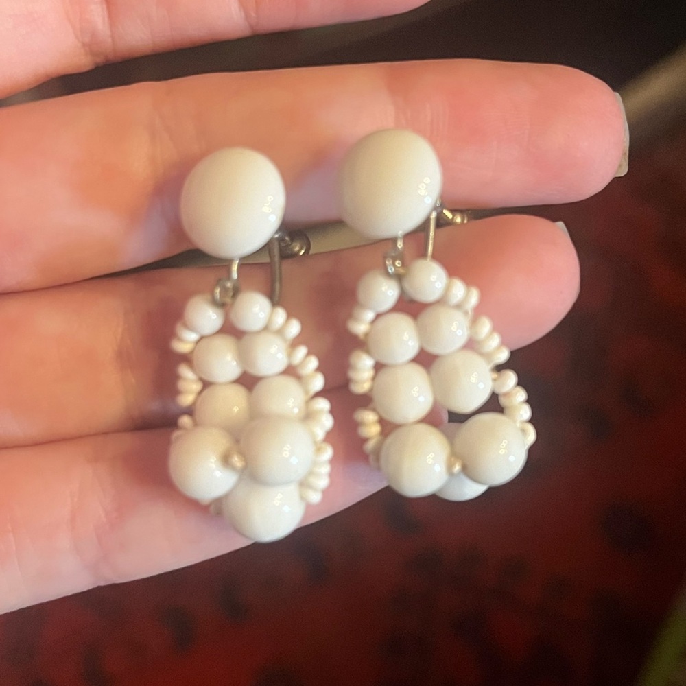 Vintage White Beaded Earrings Czechoslovakia